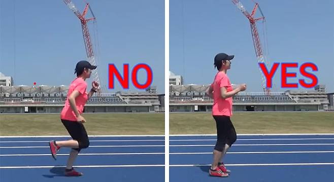 일본 '슬로 조깅' 공식 유튜브 채널에 올라온 달리는 방법. 허리를 굽히고 뜀박질하듯 달리면 안 되고(왼쪽) 허리를 편 채 좁은 보폭으로 걷듯이 뛰어야 한다. /유튜브