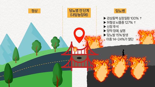 당뇨병은 척후병같다. 스멀스멀 몸에 기어들어와 상태를 엿보고 침투한 뒤 결코 홀로 싸우지 않고 대규모 병력을 이끌고 나타난다. 몸의 구석구석마다 각종 질병이 침투해 서서히 몰락해간다. 이하 그래픽 이가진·박지은