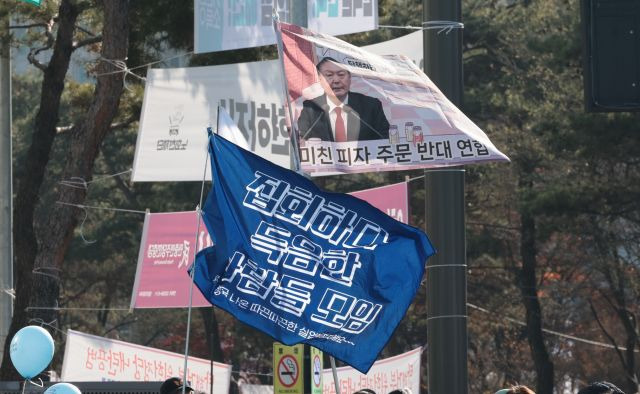 지난 14일 서울 여의도 국회 앞에서 열린 윤석열 대통령 탄핵 촉구 집회에 참가한 시민들이 이색 깃발을 들고 있다. 연합뉴스