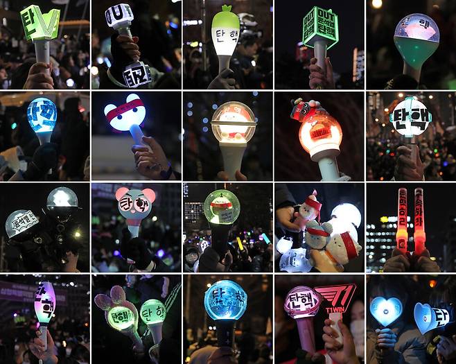 지난 10~11일 서울 여의도 국회 앞에서 열린 윤석열 대통령 탄핵 촉구 집회 참가자들이 ‘봉꾸’(응원봉 꾸미기)한 작품들을 모아봤다. 백소아 기자 thanks@hani.co.kr