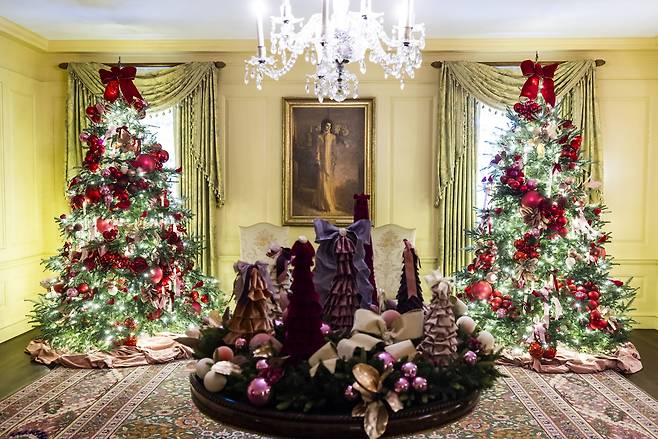 미국 워싱턴D.C. 백악관 버메일룸에 장식된 크리스마스 트리.  영부인 질 바이든 여사는 올해 ‘평화와 빛의 시즌’이라는 주제로 백악관 크리스마스 장식을 했다. 이번 장식에는 크리스마스 트리 83개, 리본 9810피트, 오너먼트 2만8125개,  전구 16만5075개가 동원됐다. [EPA]