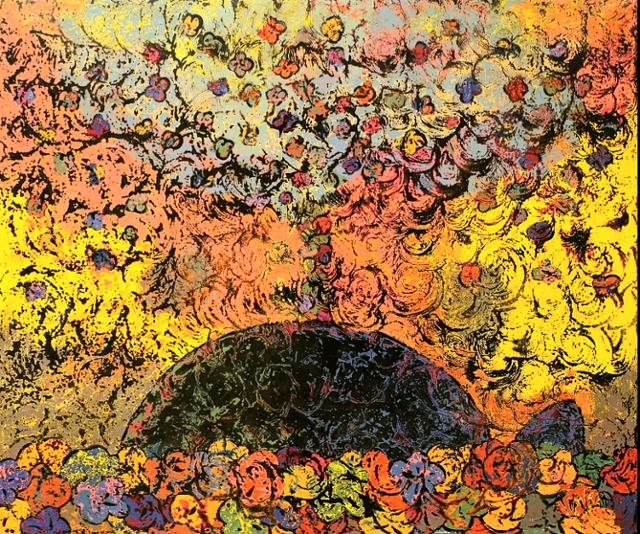 김준래 작가의 교칠회화 첫 작품. 김 작가는 교토시립예술대 유학생 시절 교토 거리에서 벚꽃잎이 바람에 흩날리는 모습이 마치 고래가 꽃잎을 뿜어내는 듯한 영감을 받았다고 말했다. 윤형권 기자