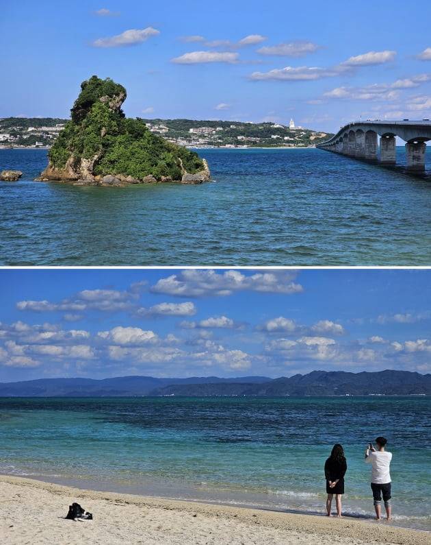 코우리섬을 연결 하는 코우리 대교(위)와 섬의 해변 풍경 / JAPAN NOW