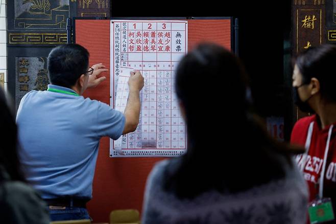 2024년 1월 13일 대만 타이베이의 한 개표소에서 각 후보자의 득표수를 기입하는 선거관리원./Reuters