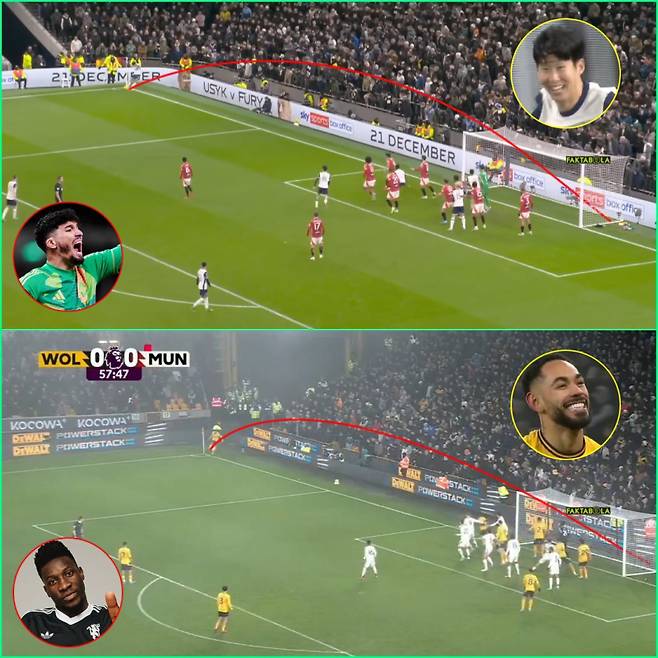 지난 20일 2024~25 카라바오컵 맨체스터 유나이티드전에서 나온 손흥민의 코너킥 골(위)과 일주일 뒤 울버햄프턴 마테우스 쿠냐가 성공시킨 코너킥 득점. 사진=팍타볼라 캡처
