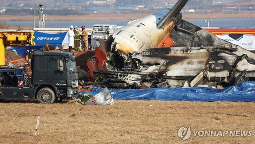 무안공항 충돌폭발 항공기 잔해 (무안=연합뉴스) 서대연 기자 = 29일 오후 전남 무안군 무안국제공항에서 착륙 도중 충돌 후 폭발한 항공기의 잔해. 2024.12.29 dwise@yna.co.kr