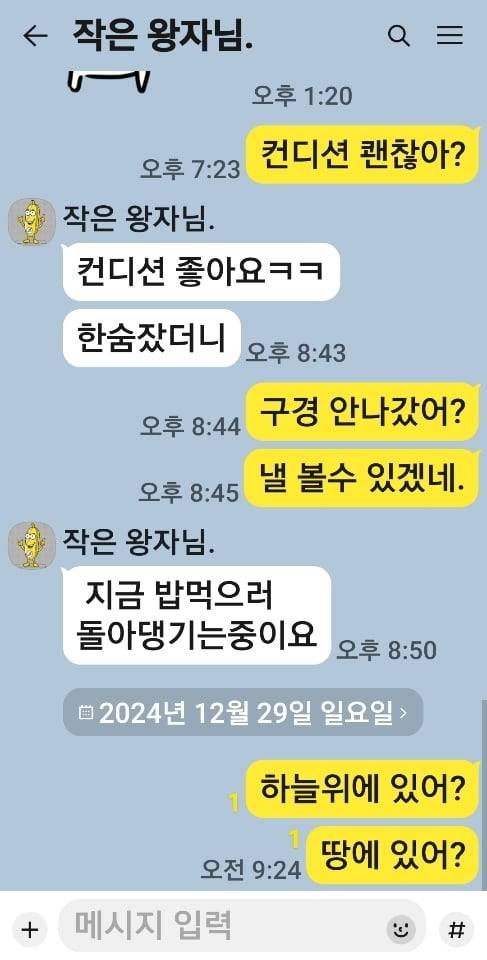 무안공항 사고기 탑승자 조건영씨가 어머니 장안숙씨와 마지막으로 나눈 카톡 내용./독자 제공