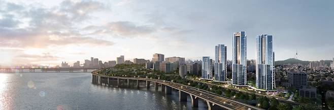 롯데건설이 공사비 약 3100억원 규모의 용산 산호아파트 재건축 사업 시공사로 선정됐다. 사진은 용산 산호아파트 주택재건축정비사업 특화 설계(르엘 솔루션 48) 조감도. /사진=롯데건설