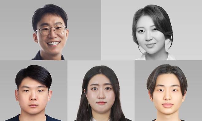 정다샘 서강대 아트&테크놀로지학과 교수 연구진. 좌측상단부터 서강대 아트&테크놀로지학과 정다샘 교수, 한단비내린 석사, 인공지능학과 김동민 석사과정생, 컴퓨터공학과 박한나 학사, 대학원 인공지능학과 이시훈 석사과정생./서강대