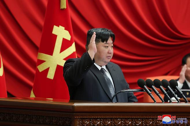 North Korean leader Kim Jong-un presides over the annual year-end general meeting of the Central Committee of the Workers' Party of Korea, held from Dec. 23-27, in this photo published by the Korean Central News Agency on Sunday. (Yonhap)