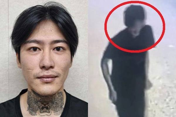 박대성의 머그샷. 오른쪽은 지난 9월26일 박씨가 여고생을 쫓아가 흉기로 살해하고 13분 뒤의 모습으로 웃고 있는 듯한 표정이다. 전남경찰청 제공·YTN 보도화면 갈무리