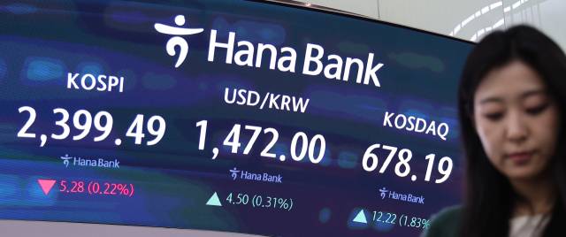 2024년 증시 폐장일인 30일 오후 서울 중구 하나은행 딜링룸 모니터에 코스피, 코스닥 종가가 표시되고 있다. 연합뉴스.