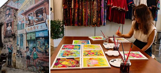 콰이차이홍 벽화(왼쪽)와 바틱 문양 그리기 체험  [사진/백승렬 기자]