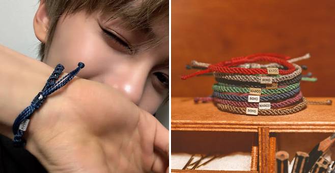 제로베이스원 규빈(왼쪽)이 마르코로호 ‘몽땡이 팔찌’를 착용한 모습. (사진=온라인 커뮤니티·마르코로호)