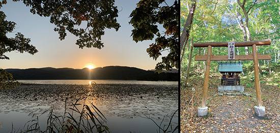 (좌)고누마 호수 석양의 길에서 맞닥뜨린 일몰 풍경, (우)1914년에 산신을 모신  고마가타케 신사가 오누마 호수 북동쪽에  위치해 있다.