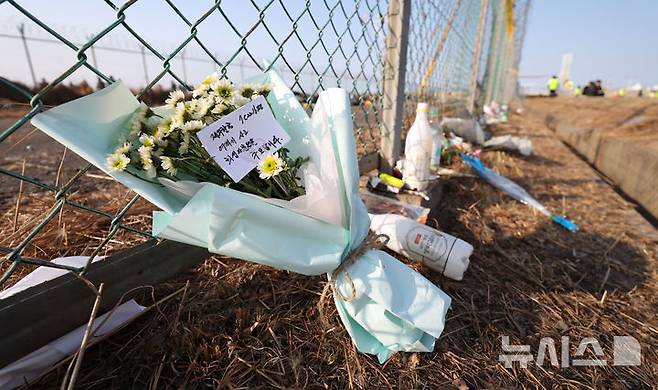 [무안=뉴시스] 김선웅 기자 = 2일 전남 무안국제공항 제주항공 여객기 참사 현장에 희생자들을 추모하는 메시지와 꽃 등이 놓여 있다.  2025.01.02. mangusta@newsis.com