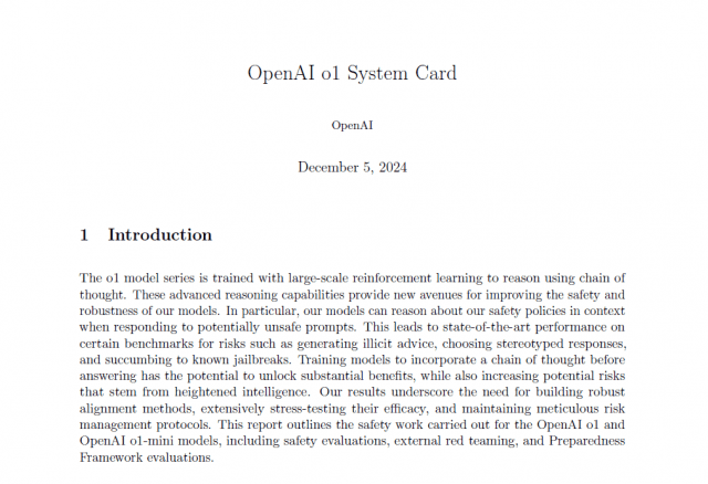 챗GPT 'O1' 시스템 카드 (사진=오픈AI)