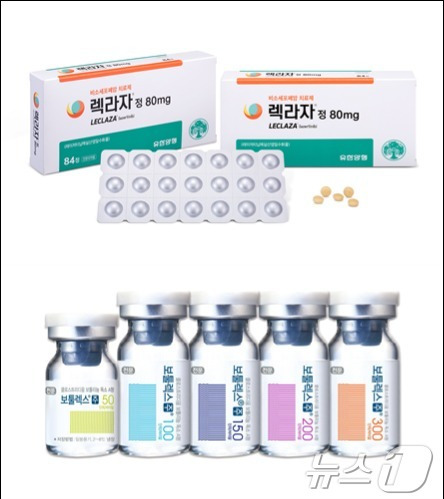 지난해 미국 식품의약국(FDA) 허가를 받은 유한양행 폐암 신약 '렉라자'(위)와 휴젤 보툴리눔 톡신 '보툴렉스'(수출명 레티보).(유한양행, 휴젤 제공)/뉴스1