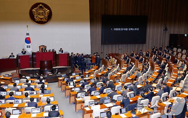 14일 오후 서울 여의도 국회에서 열린 제419회국회(임시회) 제4차 본회의에서 감표 위원들이 윤석열 대통령 탄핵소추안 투표함을 열고 있다. 12·3 비상계엄 사태 열하루 만인 이날 윤 대통령 탄핵소추안은 재석 300명 중 찬성 204명, 반대 85명, 기권 3명, 무효 8명으로 통과됐다. 2024.12.14/뉴스1 ⓒ News1 안은나 기자