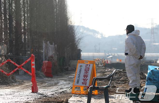 고병원성 조류인플루엔자(AI)가 발생한 경기 화성시 팔탄면의 한 농장이 통제되고 있다.  ⓒ News1 김영운 기자