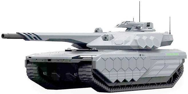 K3 미래형 스텔스 전차. 130㎜ 주포 확장 및 대구경탄 탑재, 원격사격통제체계(RCWS) 탑재와 3명 내의 캡슐형 승무원실과 360도 상황인식 및 원격무인화 시스템 등으로 미래 전차로 진화하는 설계 개념을 제시했다. 차체 자체가 스텔스형이며 궤도도 고무 재질로 경량화·기동성을 강화한 차기 주력 전차로 구현될 전망이다. 사진=현대로템 제공