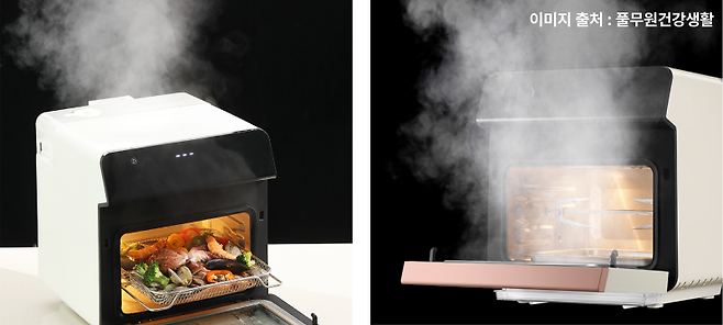 스팀 에어프라이어 제품 밖으로 스팀 배출 되는 모습