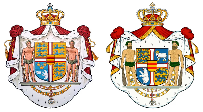 왼쪽이 바뀌기 전 덴마크 왕실 문장, 오른쪽이 바뀐 후이다. 그린란드를 상징하는 북극곰의 크기가 커졌다. [덴마크 왕실 홈페이지]