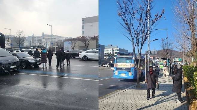 지난 6일 차 벽에 버스정류장이 가로막히자 시민들이 도로로 나가 버스를 기다리고 있다. 오른쪽 사진은 7일 차 벽이 사라진 버스정류장의 모습.ⓒ데일리안 허찬영 기자