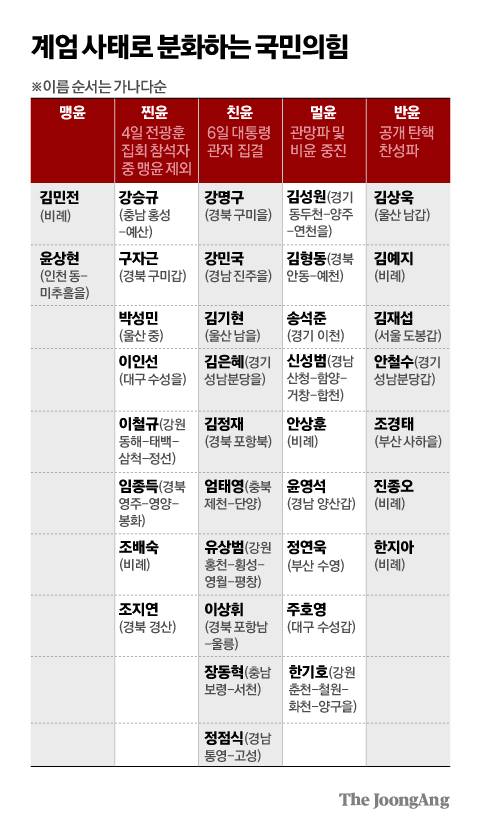 계엄 사태로 분화하는 국민의 힘 그래픽 이미지.