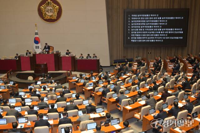8일 오후 국회 본회의에서 ‘내란·김여사 특검법’ 등 대통령 권한대행 체제에서 재의요구권(거부권)이 행사된 안건이 상정되고 있다. 조주현기자