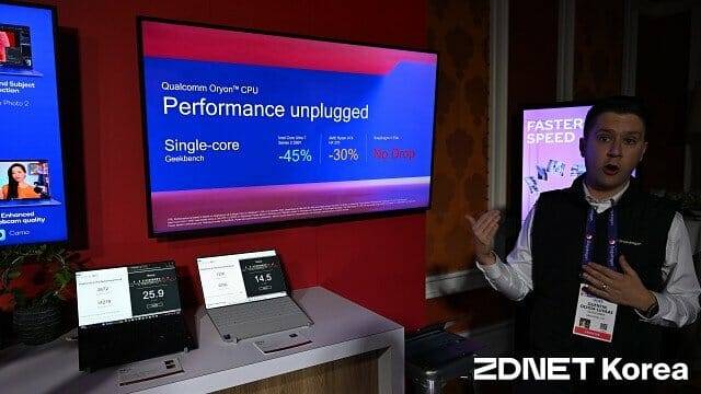 퀄컴은 ”인텔 노트북은 배터리 작동시 성능이 최대 50% 하락한다”고 말했다. (사진=지디넷코리아)