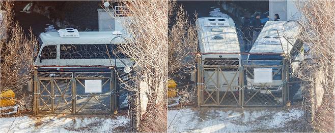 법원이 윤석열 대통령에 대한 체포영장을 재발부해 공조수사본부 차원의 영장 2차 집행 시도가 초읽기에 들어간 9일 오전 서울 용산구 한남동 대통령 관저에서 경호처 직원이 철조망이 쳐진 쪽문을 버스로 벽을 치고 있다.    이 쪽문은 전날 쇠사슬을 묶고 버스 1대를 세워 났었지만(왼쪽), 이날 버스 1대를 추가해 차벽을 세웠다. [연합]