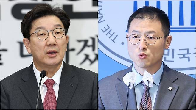 국민의힘 권성동 원내대표(왼쪽)가 내란, 김건희 특검법 표결에서 찬성표를 던진 김상욱 의원에게 탈당을 요구해 논란이 일고 있다.  /뉴스1·연합뉴스