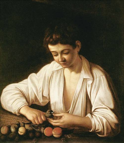 과일 껍질을 벗기는 소년, 유화, 1593년, 68×62.5㎝, 로마 폰다치오네 로베르토 롱기 보유.