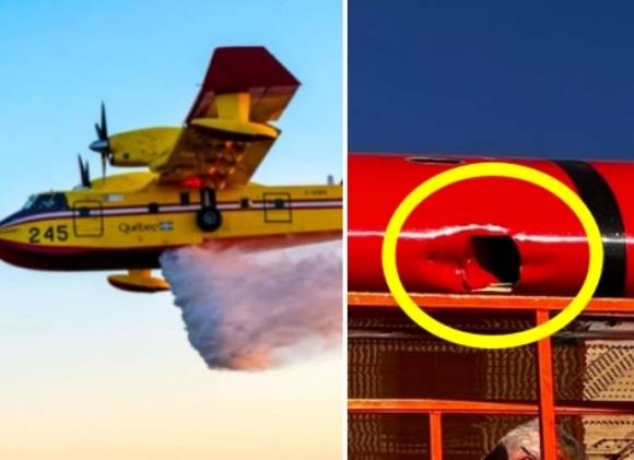 미국 현지시간으로 9일 오후 1시경 LA지역에 발생한 산불 진압을 위해 투입된 소방 항공기인 ‘슈퍼 스쿠퍼’(왼쪽)가 드론과 충돌하면서 날개에 구멍(오른쪽)이 났다. LA소방국 엑스 캡처