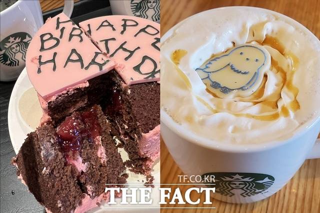'해피버스데이 해리 케이크'(왼쪽)와 '호그와트 골든 바닐라 라떼'의 모습. 이날 기자가 받은 음료에는 부엉이 초콜릿이 올라가있다. 초콜릿은 4종 중 랜덤이다. /문화영 기자