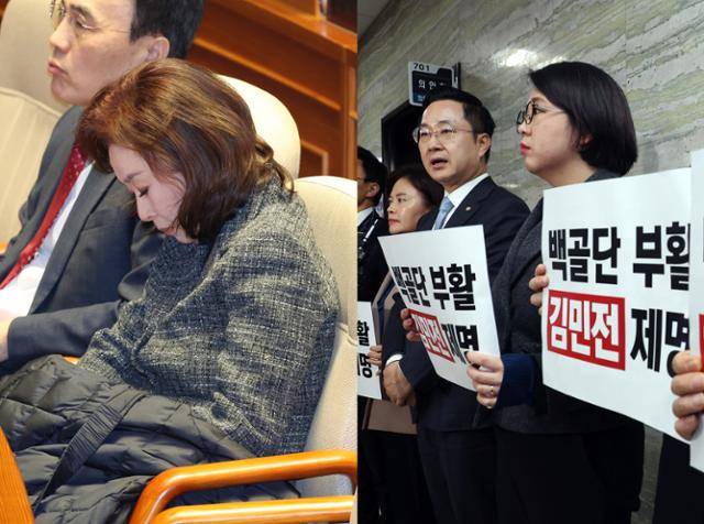 김민전(왼쪽 사진) 국민의힘 의원이 9일 서울 여의도 국회에서 열린 제420회 국회(임시회) 제5차 본회의, 윤석열 대통령 위헌적 비상계엄 선포 내란혐의 및 제주항공 여객기 참사 진상규명 관련 긴급현안질문에서 피곤한 듯 눈을 감고 있다. 박성준 더불어민주당 원내수석부대표와 등 야 6당이 10일 서울 여의도 국회 의안과에서 김민전 국민의힘 의원 제명촉구 결의안을 제출한 뒤 취재진에 입장을 밝히고 있다. 뉴시스·고영권 기자