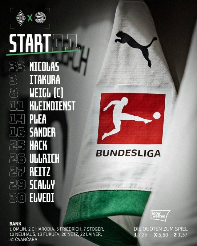 묀헨글라트바흐는 골키퍼 니콜라스를 시작으로 울리히-엘베디-이타쿠라-스캘리-잔더-바이글-라이츠-하크-클라인딘스트-플레아가 선발 출전했다. 사진=보루시아 묀헨글라트바흐 SNS