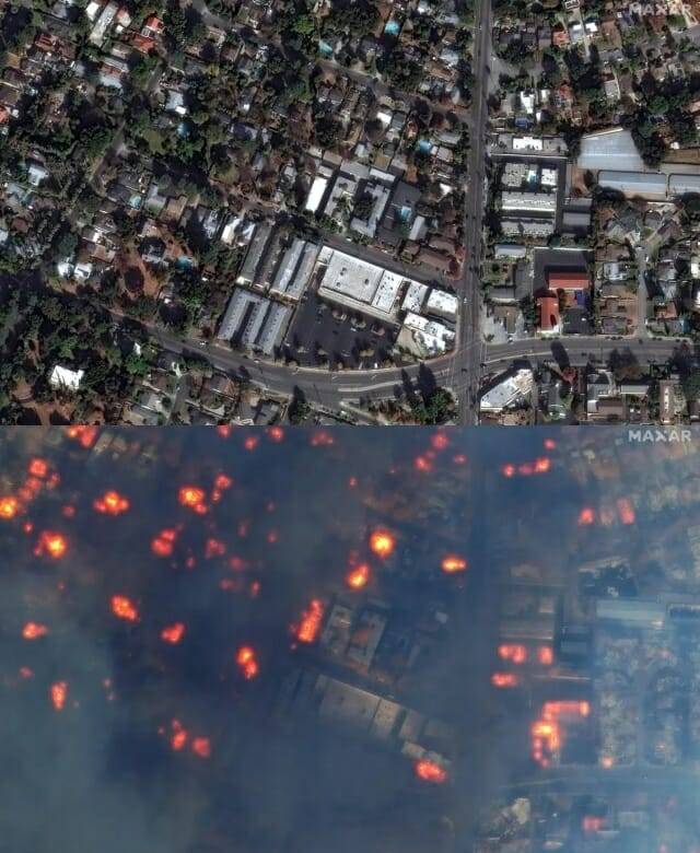 캘리포니아주 이스트 알타데나 드라이브의 산불 전후의 모습 (출처=맥사 테크놀로지)