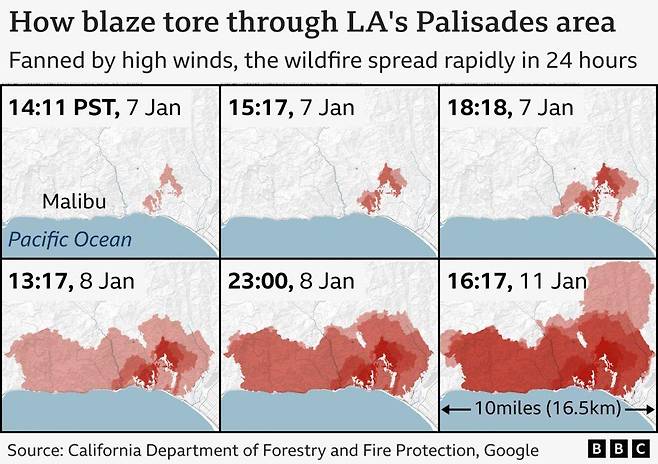 1월 7일 오후 2시 11분, 3시 17분, 6시 18분. 1월 8일 오후 1시 17분, 11시. 1월 11일 오후 4시 17분의 확산 경과
