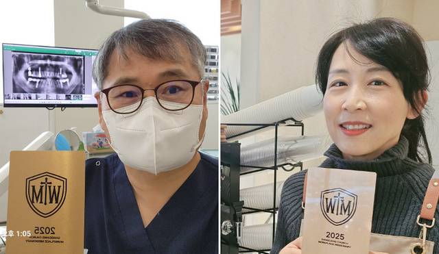 청주 상당교회 1기 ‘일터 선교사’들이 치과(왼쪽)와 카페 등 일터에서 명패를 들어 보이고 있다. 상당교회 제공