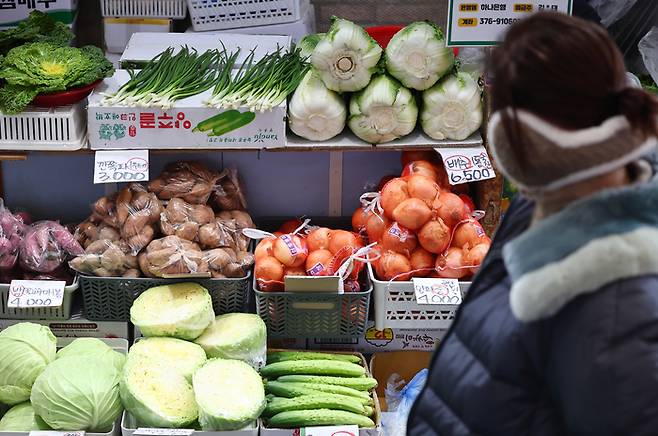 설 명절을 앞두고 이상기후 여파 등으로 차례상 비용이 상승한 가운데 13일 서울 시내 한 전통시장에서 이용객들이 농산물을 살펴보고 있다. [사진 = 연합뉴스]
