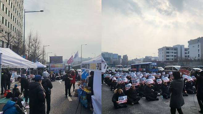 14일 오후 서울 용산구 한남동 대통령 관저 인근에 위치한 볼보빌딩(왼쪽부터), 일신빌딩 앞에서 열린 탄핵 찬성 집회의 모습.ⓒ데일리안 허찬영 기자