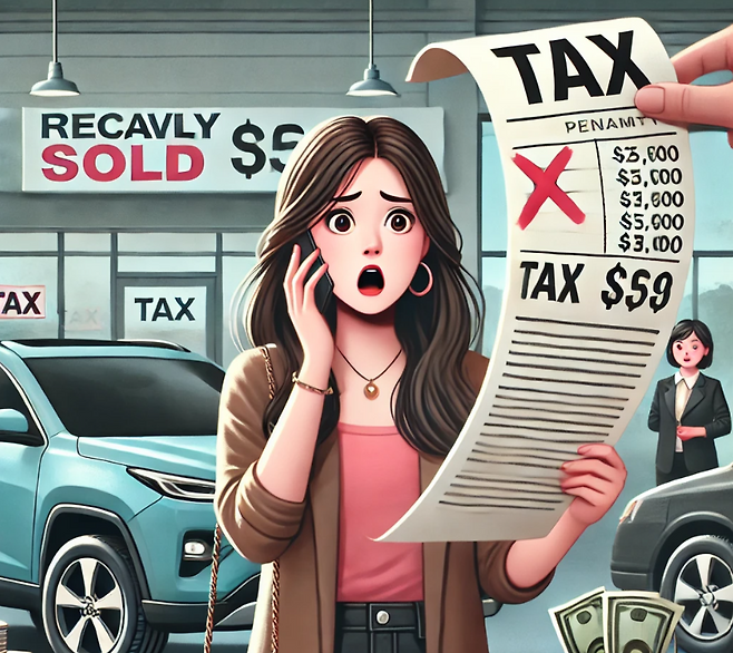 차량 판매 후 세금에 당황한 임직원의 모습을 표현한 그래픽 이미지. [챗GPT로 제작한 이미지입니다]