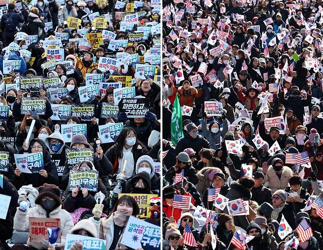 2025년 첫 주말인 4일 오후 서울 도심 광화문 일대에서는 윤석열 대통령 탄핵을 촉구하거나 반대하는 대규모 집회가 열렸다. 경복궁 동십자각 인근에서 열린 ‘윤석열 즉각퇴진-사회대개혁 비상행동 범시민대행진’(왼쪽)과 동화면세점 앞에서 열린 '윤석열 대통령 탄핵반대 국민대회'(오른쪽)./뉴스1