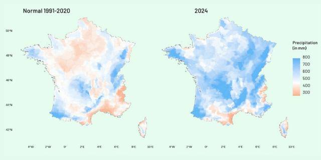 프랑스 농업 데이터 분석 기관 핀레스가 최근 프랑스 기상청 자료 등을 토대로 작성한 최근 보고서 중 농경 시즌(1~7월) 누적 강수량을 표시한 프랑스 지도. 왼쪽 지도는 1991~2020년, 오른쪽은 지난해 누적 강수량이다. 지난해 누적 강수량은 1991~2020년 평균 강수량보다 45% 많았는데, 이는 흉작으로 이어졌다. 핀레스 제공
