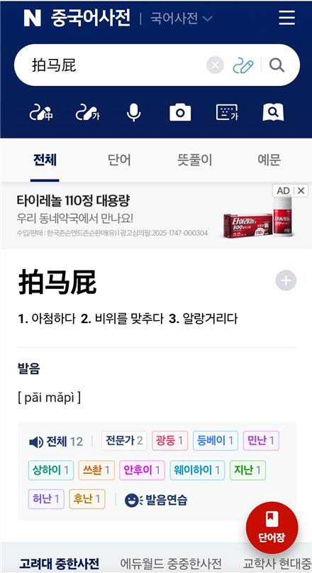 네이버의 '중국어 사전' 페이지. 해당 검색어 하단에 사각형으로 표시된 지역을 클릭하면 해당 사투리를 들을 수 있다.