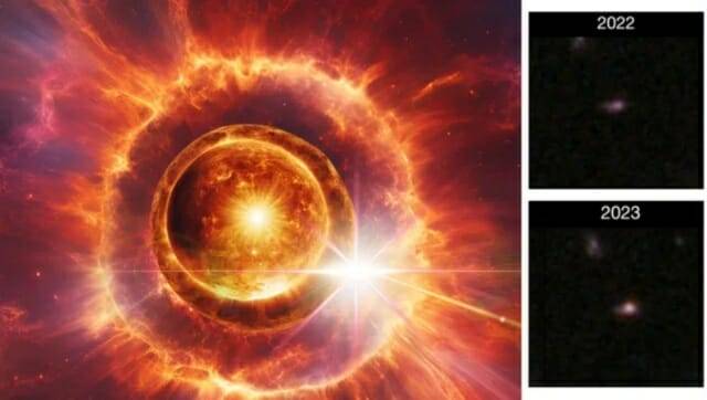 초기 우주에서 초신성 폭발을 하는 거대한 별의 일러스트(왼쪽)와 2022년, 2023년에 JWST가 관측한 초신성 2023adsv의 모습 (출처=Robert Lea/NASA, ESA, CSA, STScI, JADES 협업)