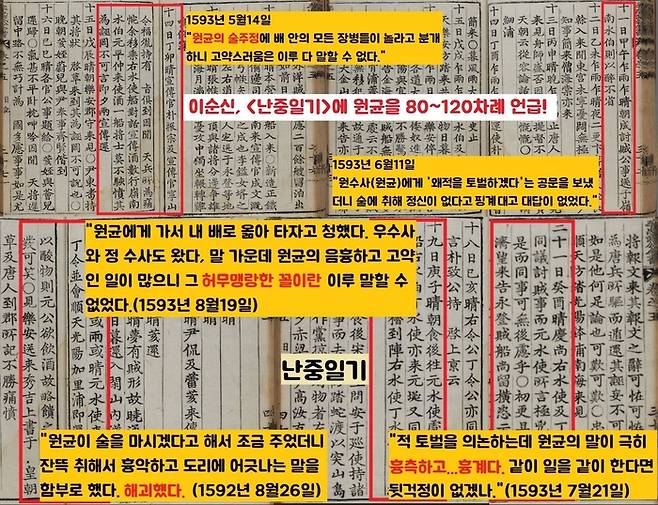 이순신의 <난중일기>에는 “원균이 술에 취해 정신이 없고, 뇌물을 뿌려 온갖 계략으로 날 모함했으며, 여자들을 좋아한 호색한”이라고 욕하는 뒷담화가 곳곳에 보인다.