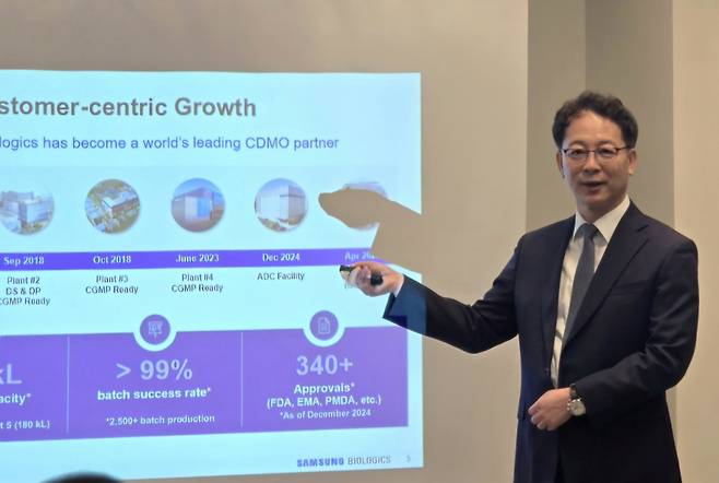 정형남 삼성바이오로직스 ADC개발팀장(상무)가 15일(현지시간) 미국 샌프란시스코에서 열린 JP모건 헬스케어 콘퍼런스(J.P. Morgan Healthcare Conference, JPMHC)에 참석해 ADC(항체약물접합체) 사업 전략에 대해 소개하고 있다. /사진제공=삼성바이오로직스